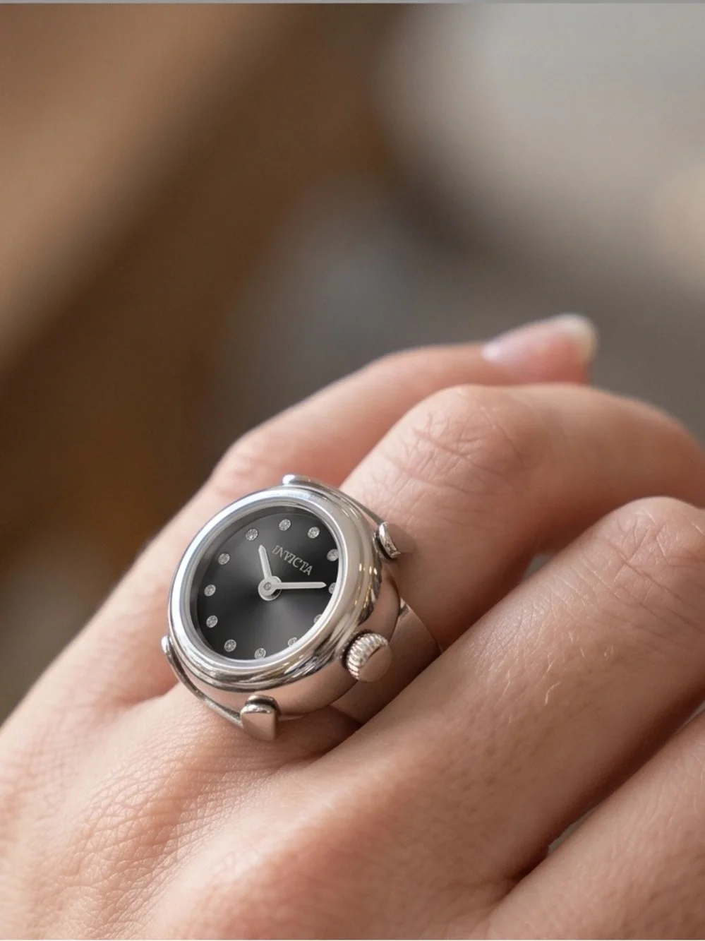 Invicta Silver Black Dial Watch Ring with Crystal Markers